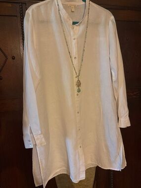 Eileen Fisher Shirt Womens -M- White Linen Button Front Long Sleeve Tunic Top